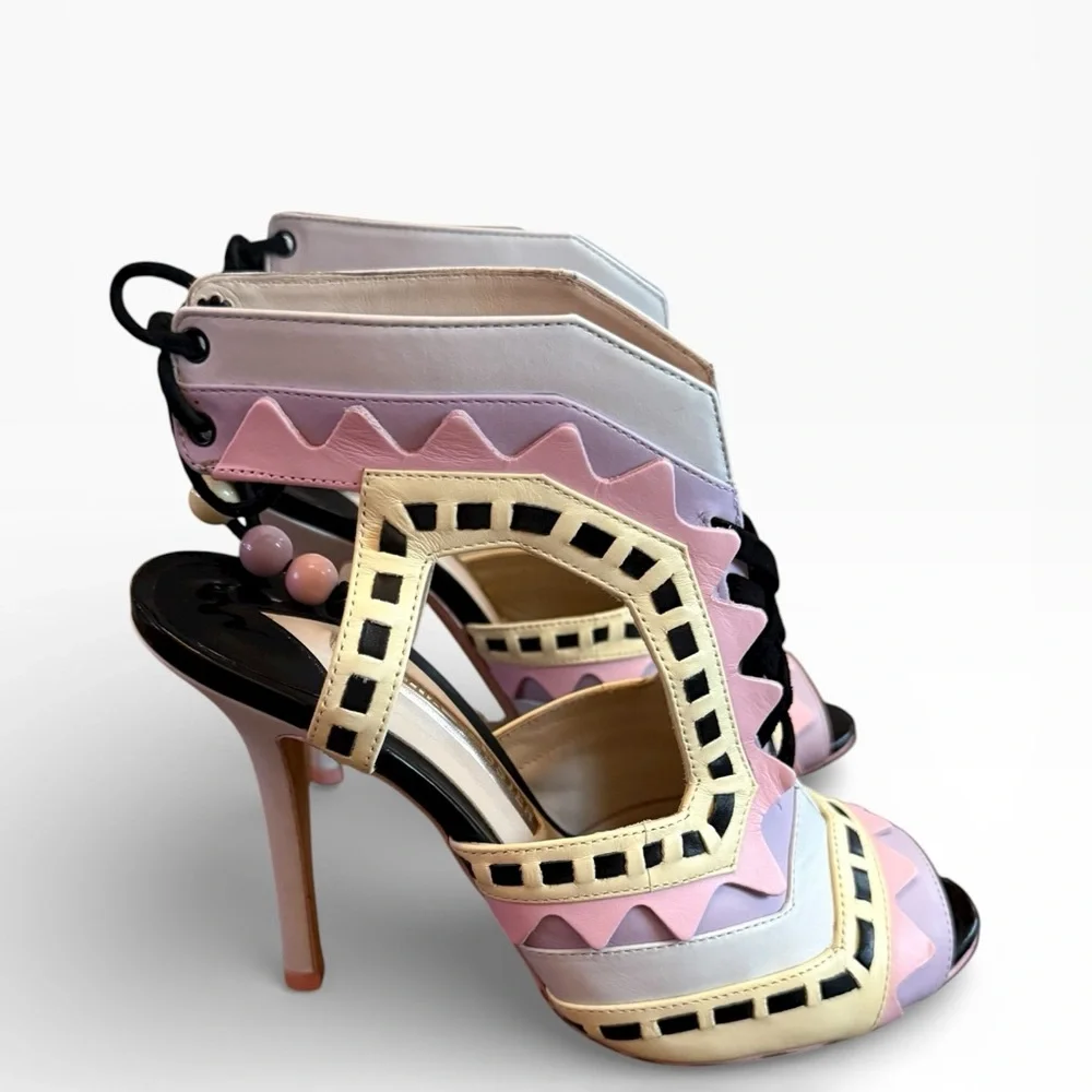Sophia Webster Riko Leather Pastel Multicolor Cut-Out Lace-Up Heels EU 37 US 7